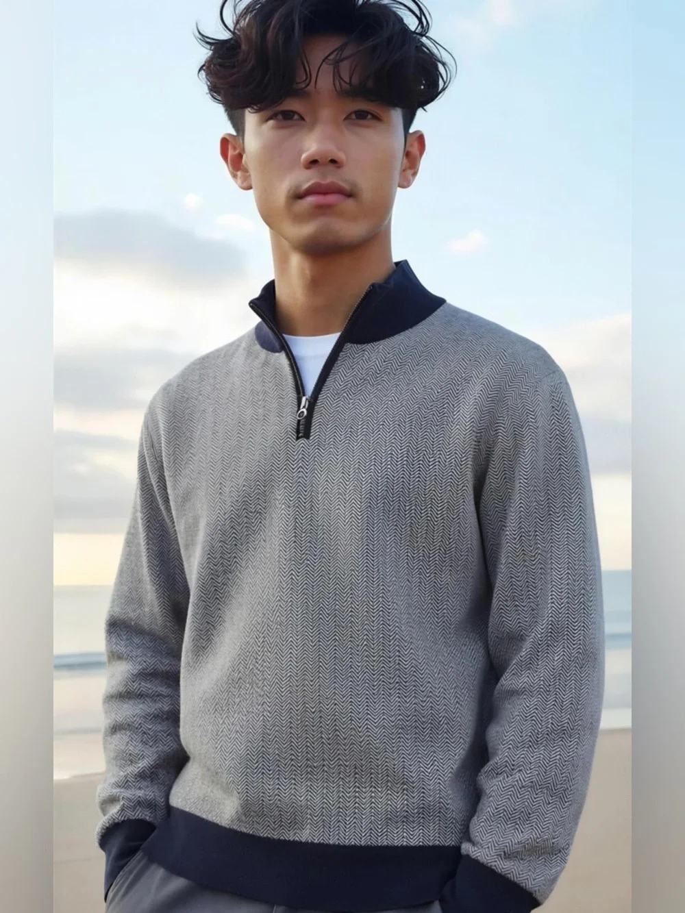 J. Crew Gray Herringbone Quarter-Zip Sweater with Navy Trim Size XL